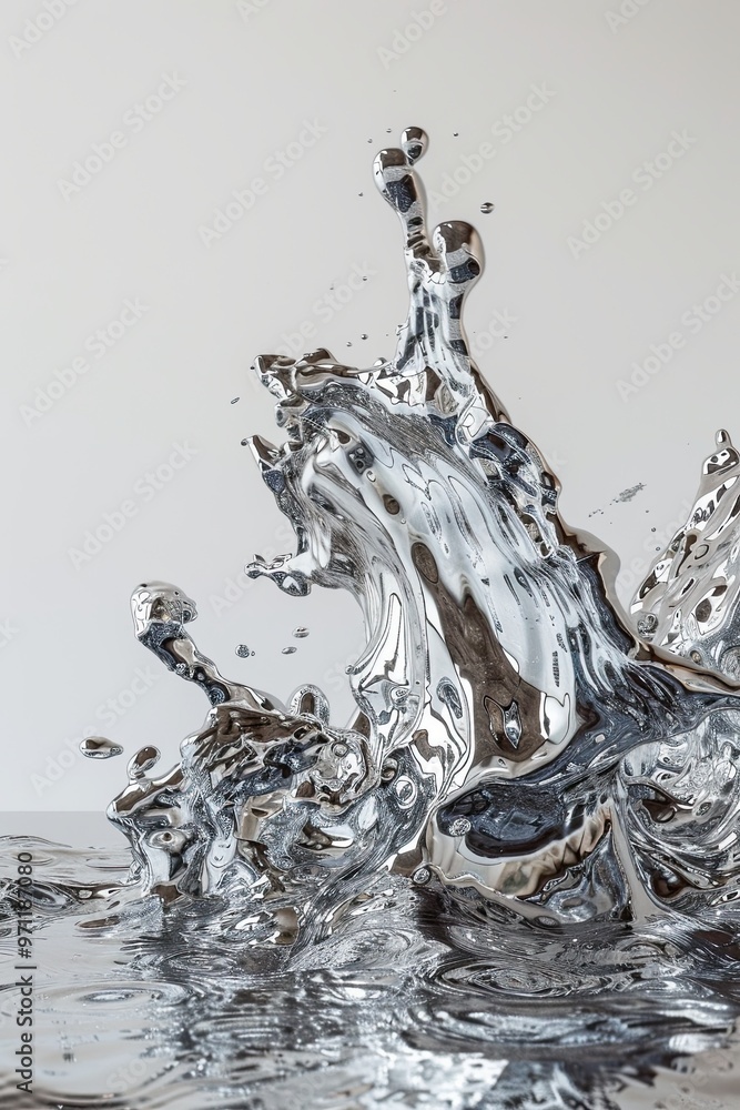 Poster silver splash, a white backdrop of an invisible object dumped into a volume of silver mirrored mercu