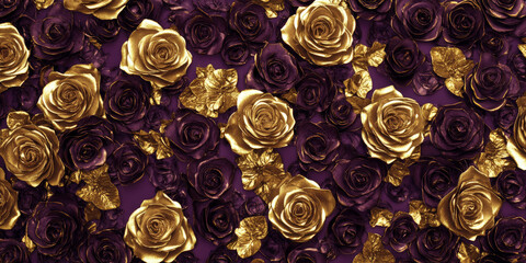 A luxurious bouquet of metallic gold roses on a rich purple background, the contrast of colors elevating the floral arrangement to a new level of elegance.