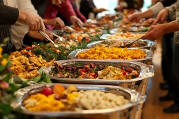 A Buffet Table with Various Dishes and People Serving Themselves