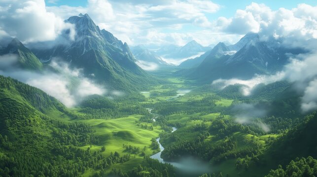 Green valley with mountains and clouds, forest on the hills, river in the distance, fantasy landscape