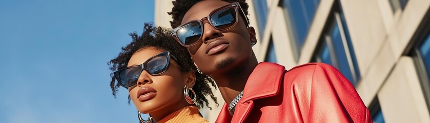 Stylish couple wearing sunglasses in urban setting, exuding confidence and contemporary fashion against a modern backdrop.