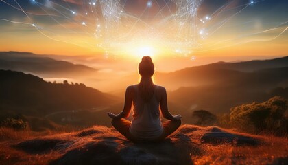 Person Meditating on Hilltop Under Radiant Sunrise: Glowing Lines Connecting Mind and Body – Holistic Well-Being