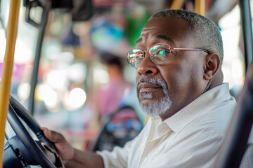 Fototapeta premium A middle-aged African American male bus driver, steering the bus with a confident grip, navigates through a crowded marketplace. The bus is filled with passengers, and vendors and shoppers are visible