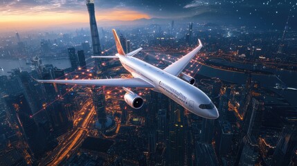 An airplane flies over a city at night, with digital network lines connecting the city.