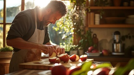 A chef slicing organic apples on a cutting board in a sunlit kitchen, with a focus on fresh ingredients.