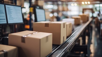 Close-Up of Boxes on Conveyor Belt in Warehouse with Blurred Office Background. AI generated illustration