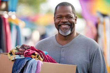 A middle-aged African American man, with a beaming smile, holds up a donation box filled with clothes. He stands in front of a cheerful, colorful backdrop of a community fair or charity event.