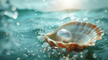 A shell with a pearl inside is floating in the ocean