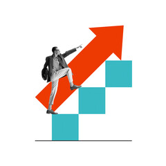 Man climbing steps with arrow going upwards. Growth and progress. Businessperson achieving new...
