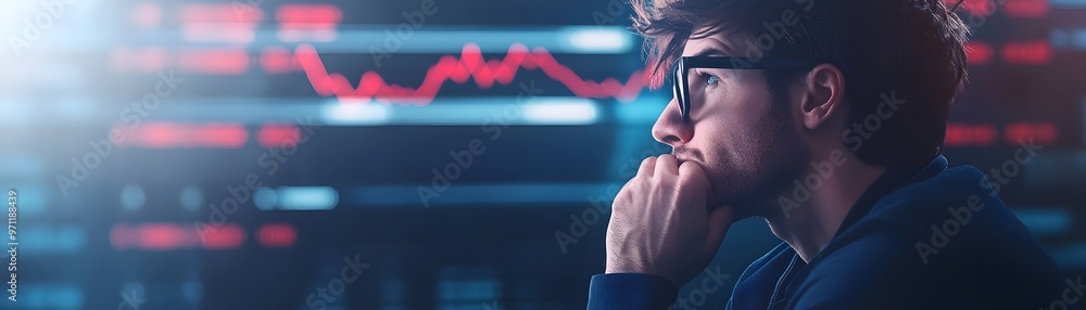 Poster nervous trader observing plunging cryptocurrency prices on digital display