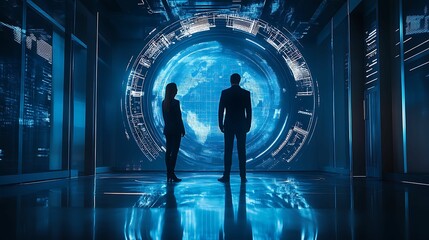 Two businesspeople stand in a high-tech room with a glowing digital globe display, symbolizing global connectivity and future technology.