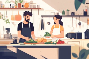 Couple Cooking Together in a Modern Kitchen