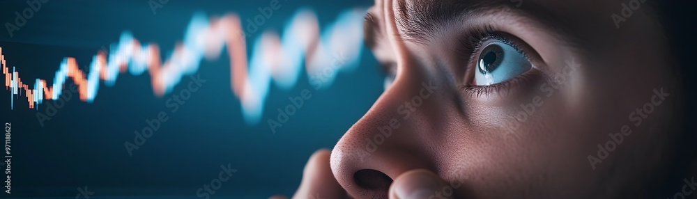 Poster concerned face reflected in plummeting financial graph on computer screen representing investment un
