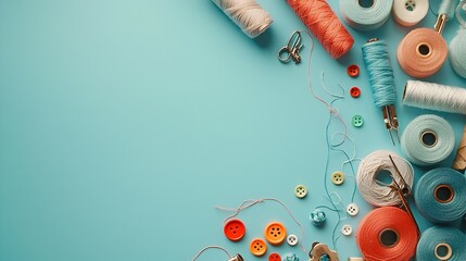 Overhead View of Assorted Craft Supplies on Sky Blue Background