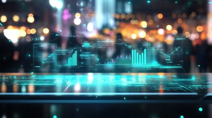 Futuristic data visualization with graphs and digital elements in a bustling environment.