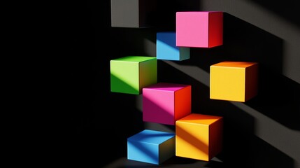 Obraz premium Floating geometric blocks with vibrant colors casting long shadows on a black background