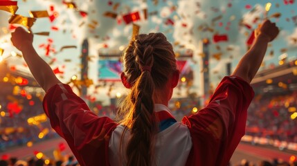 Obraz premium Celebrating victory, a fan with arms raised in joy during a dynamic sports event surrounded by confetti at sunset. Generative AI