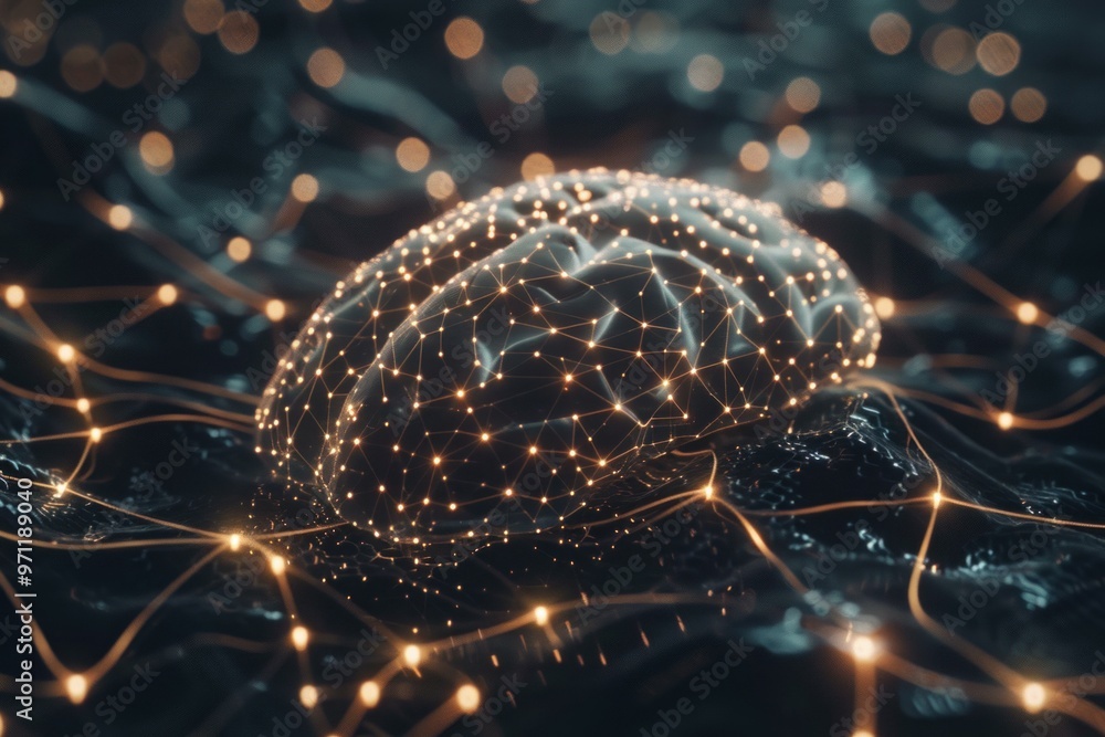 Poster polygonal human brain with neural connections exchanging data with a dark background