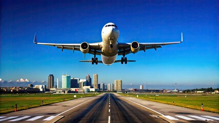 A wide-angle view of a commercial jet ascending into a clear blue sky, with the runway and airport buildings receding in the distance.