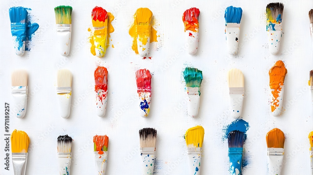 Poster overhead view of colorful paintbrushes on white canvas background
