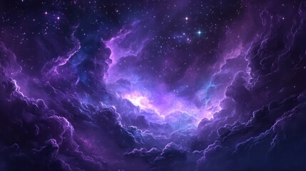A galaxy-themed design with deep purple hues, twinkling stars, and nebula clouds swirling in the background