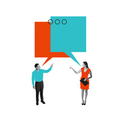 Two business people pointing at large overlapping speech bubbles. Effective communication and exchanging ideas. Conceptual design. Concept of business, teamwork, collaboration, partnership