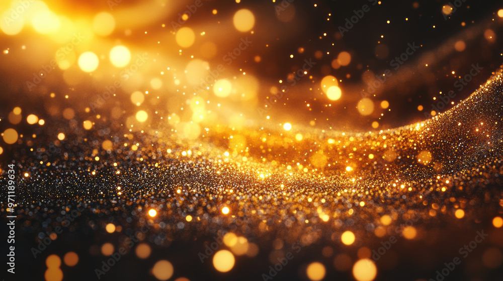 Poster golden bokeh light particles float in a mesmerizing shimmering wave of glitter, creating a stunning 