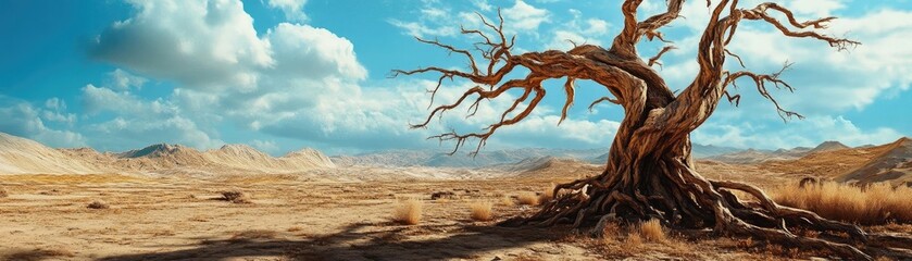 A solitary, gnarled tree stands against a vibrant sky in a vast, empty desert landscape, epitomizing resilience in nature.