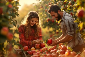 Couple Picking Apples in an Orchard During Golden Hour