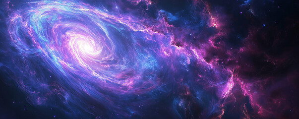 Fototapeta premium A radiant galaxy spiraling through the cosmos, nebulae glowing in purple and blue hues, with a distant planet illuminated by the galactic coreâ€™s vibrant energy waves.