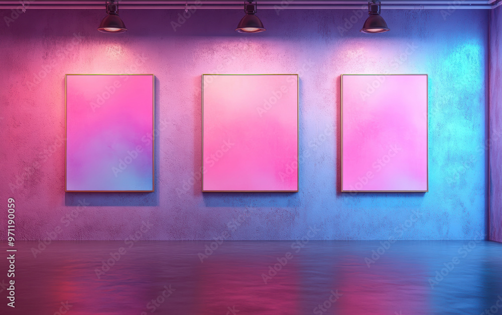 Poster a modern art gallery showcasing three abstract paintings with vibrant neon lighting in a minimalist 