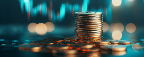 A stack of coins set against a backdrop of a digital financial graph, overlaid with bright market trends, as the warm hues of dusk fade into the night, symbolizing the intersection of finance and