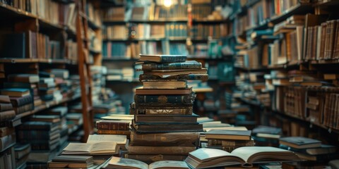 Stacks of vintage books create a charming ambiance in a cozy library corner during the late afternoon light. Generative AI
