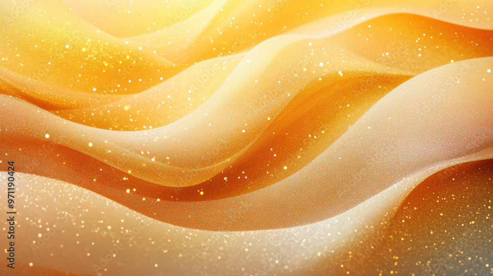 Poster golden shimmering fabric with flowing waves and sparkling particles. luxurious texture and abstract 