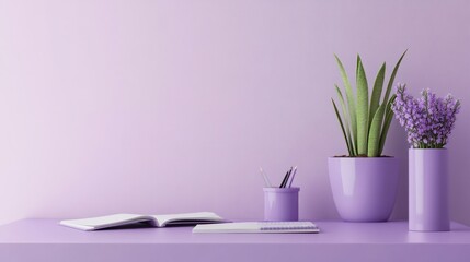 A minimalist purple desk setup with a laptop, notepad, and purple plant pot, arranged neatly for productivity