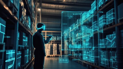 A warehouse worker wearing VR goggles interacts with a holographic display showing a virtual inventory map.