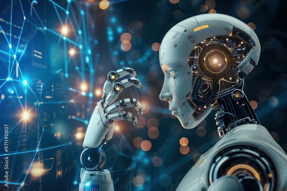 Poster futuristic humanoid robot with intricate wiring and glowing lights is analyzing a complex network of