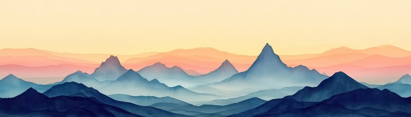 Jagged mountain silhouettes at dawn, flat minimalist design, triadic colors, watercolor textures blending sky and land in soft hues, peaceful scenery