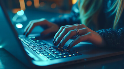 Close up hands typing keyboard on laptop. Businesswoman work during technology online connection business. Typing on search engine for laptop