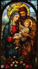Fototapeta premium Stained glass window depicting the holy family posing together