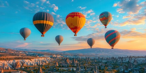 Fototapeta premium Hot air balloons floating over cappadocia turkey during magical sunrise