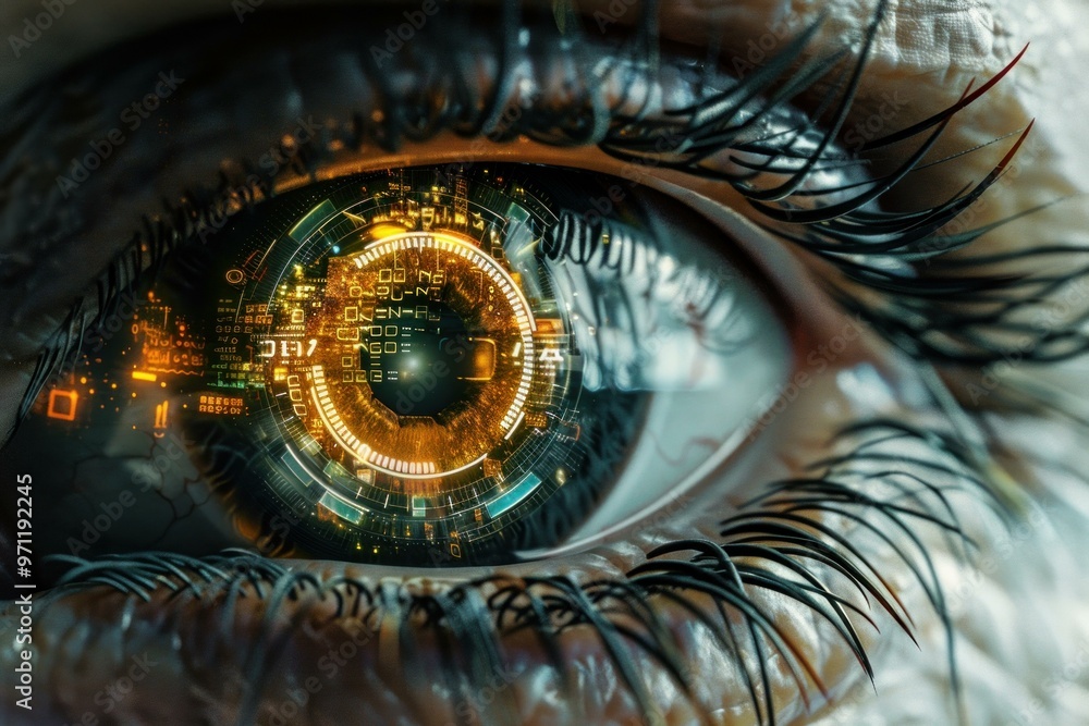 Poster close up view of a human eye with futuristic digital technology interface, showcasing the concept of