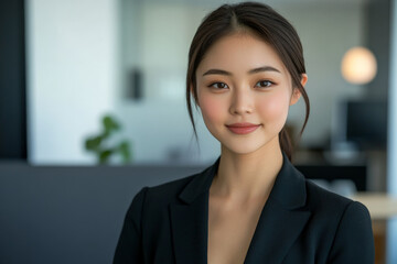 A young Japanese businesswoman, looking confident and approachable, poses in a modern office setting. The backdrop features minimalist design elements, a clean desk, and advanced office technology.