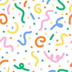 Multicolored confetti and ribbons seamless pattern. Funny party colorful doodle background.