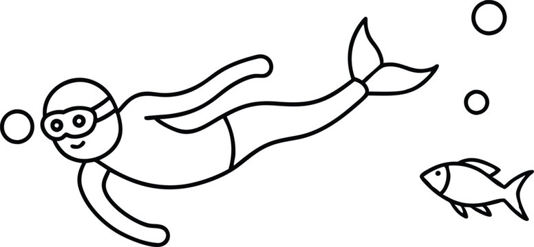 black and white diver swimming with fish clip art preview