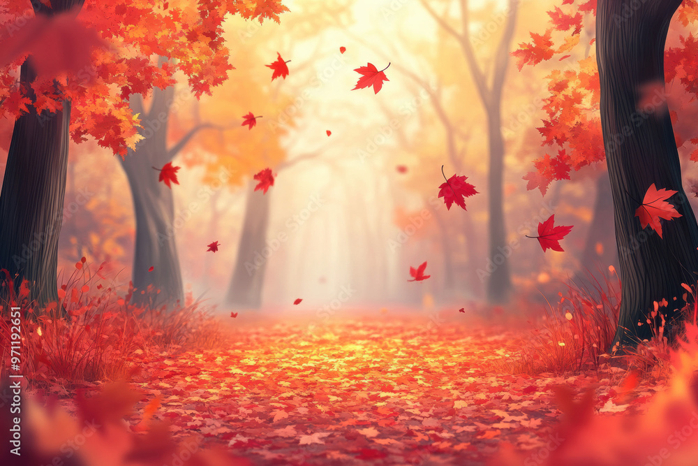 Poster enchanting forest path covered in colorful autumn leaves, with vibrant trees and a soft, ethereal gl