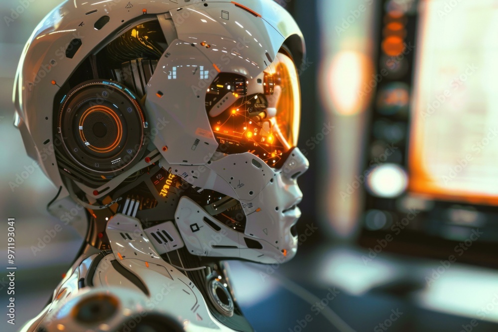 Poster very realistic humanoid robot with ai is working in an office environment