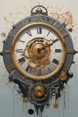 Obraz premium Fragments of Time: A Surreal Exploration of a Shattered Clock
