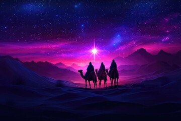 Naklejka premium Three wise men following the star of bethlehem on christmas eve