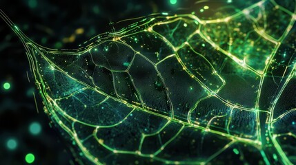 Obraz premium Cross-section of a biotechnological leaf, revealing digital vein patterns and organic structures, cyber-botany, soft green and holographic accents.